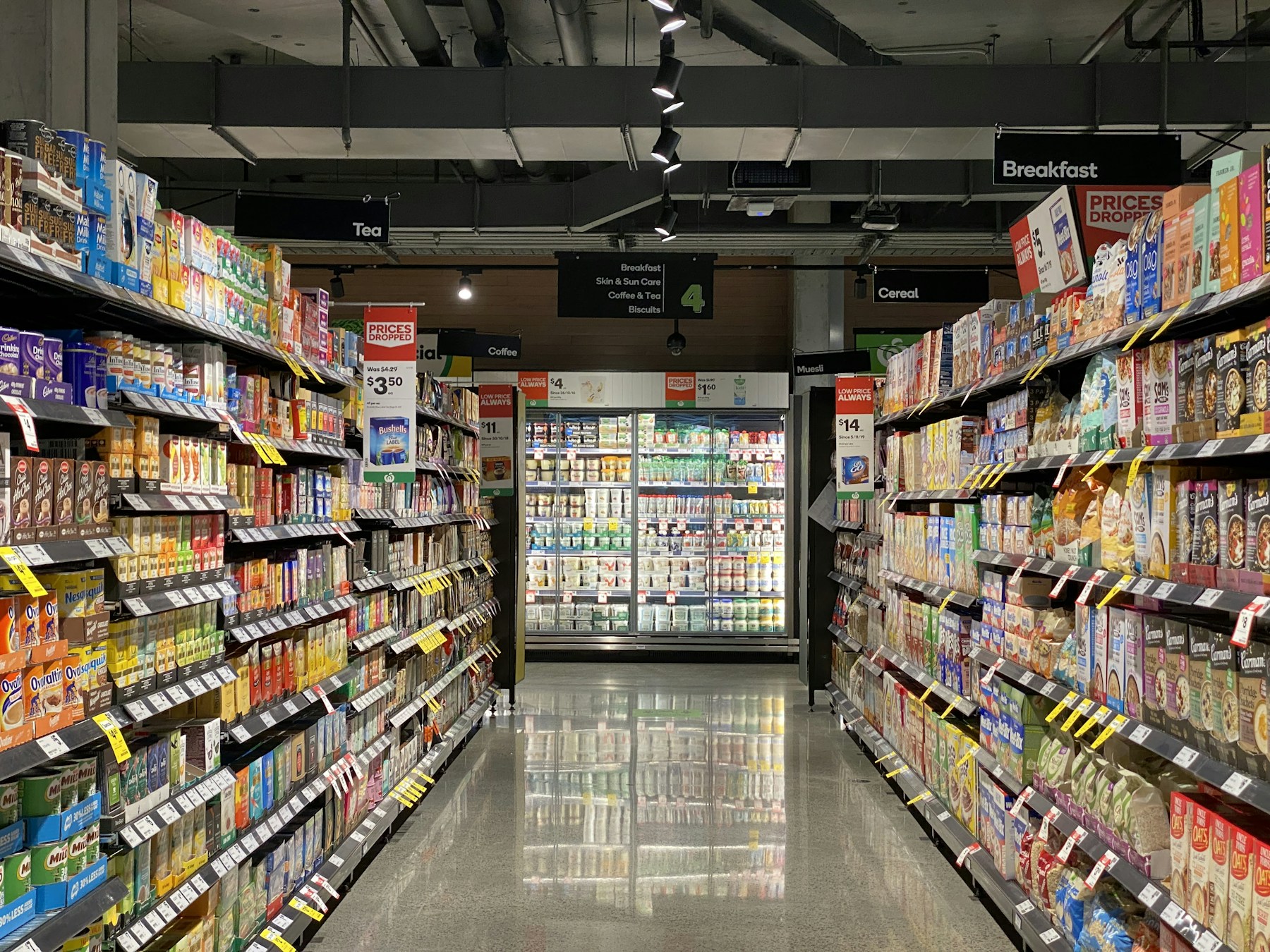 Retail store aisles with a broad range of consumer products
